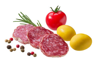 slices Spanish Fuet sausage salami with rosemary and olives isolated on a white background.