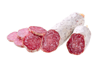 slices of Spanish Fuet thin dried salami sausage isolated 