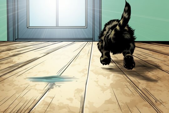 Small cute black kitten running away from the camera on the wooden floor near the door. Cartoon vector illustration.