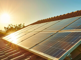 Solar panels on the roof of a house during sunset. Renewable energy and new generation of power. 