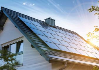 Solar panels on the roof of a house during sunset. Renewable energy and new generation of power. 