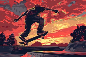A man is shown riding a skateboard up the side of a ramp. He is moving swiftly and skillfully, showcasing his athleticism and control. Generative AI - obrazy, fototapety, plakaty