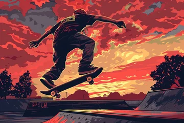 Foto op Canvas A man is shown riding a skateboard up the side of a ramp. He is moving swiftly and skillfully, showcasing his athleticism and control. Generative AI © Azhorov