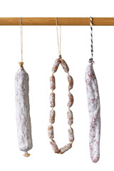 Set of different types of Spanish fuet thin dried sausages