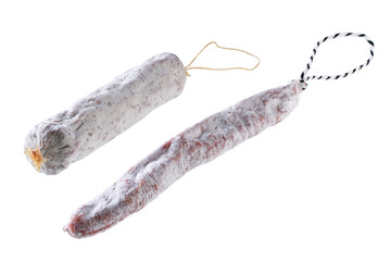 Traditional Spanish fuet thin dried sausage isolated 