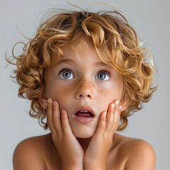 surprised redhead young boy with hands on face - obrazy, fototapety, plakaty