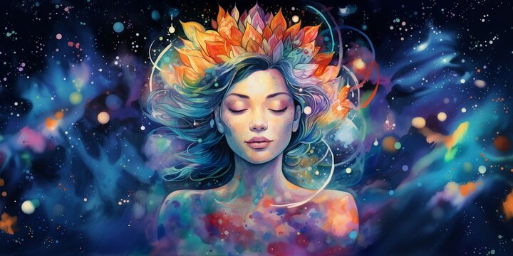 Close-up vibrant illustration of a girl in meditation with closed eyes against a cosmic background featuring nebulae and flowers. A colorful depiction capturing the serenity amidst cosmic beauty.