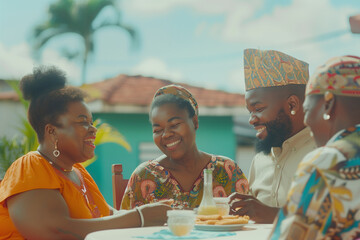 A cheerful group of African adults enjoying food and drinks together around a table in an outdoor setting