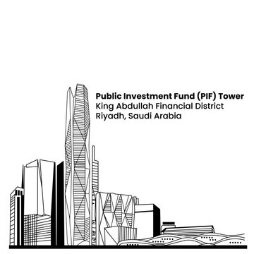Public Investment Fund PIF Tower - King Abdullah Financial District, KAFD. Skycraper Tower in Riyadh Saudi Arabia Skyline City. Line art style