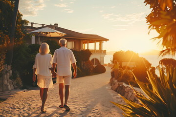 An elderly couple enjoys a romantic walk towards a luxurious beach villa at sunset, surrounded by tropical flora