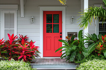 Fototapeta na wymiar A striking red door on a house with white siding, surrounded by lush tropical plants and greenery