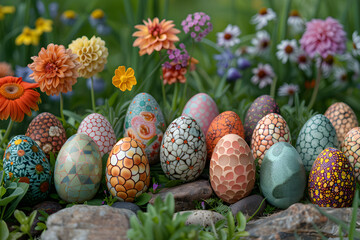 A festive table with hand-painted Easter eggshells surrounded by blooming flowers.