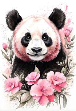 Cute panda with blooming flowers created with Generative AI technology
