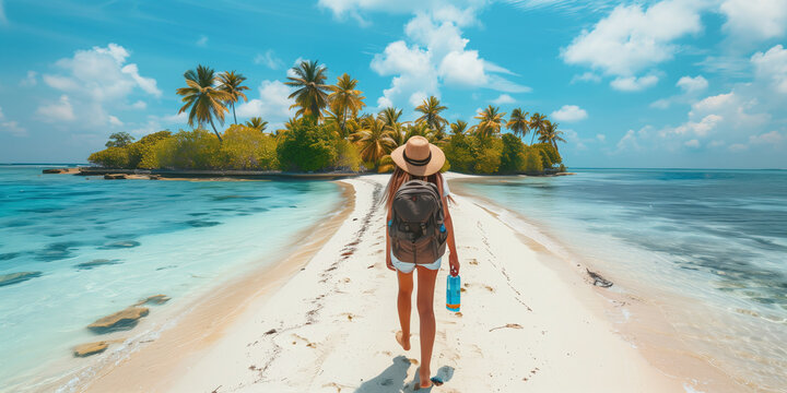 A lone female traveler with a backpack and sunhat walks along the pristine white sands of a secluded tropical island