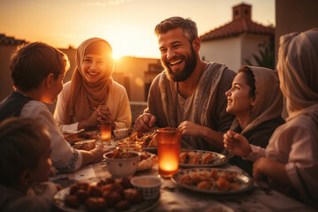 Happy family gathers around the table for iftar, the meal to end their ramadan fast at sunset - obrazy, fototapety, plakaty