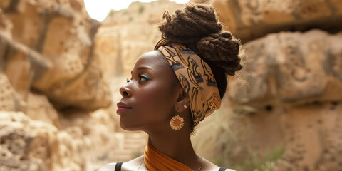 Profile of an elegant African woman adorned with a traditional headwrap and statement earrings against a natural rocky backdrop - obrazy, fototapety, plakaty