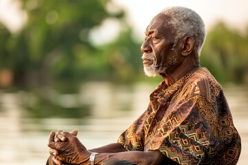 Fototapeta na wymiar A thoughtful elderly African man gazing into the distance near a tranquil body of water at sunset