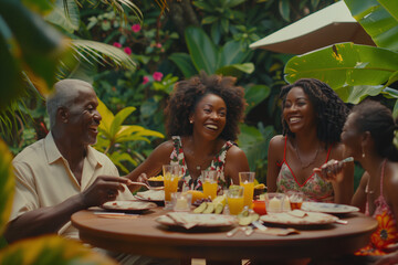 An engaging family enjoys a laughter-filled brunch surrounded by lush tropical greenery - obrazy, fototapety, plakaty