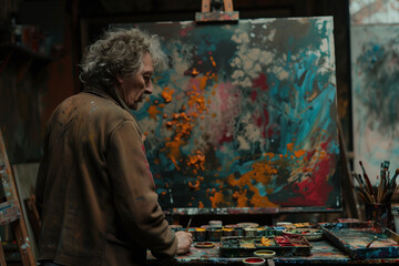 An absorbed male artist contemplating his vibrant abstract painting in a cluttered studio