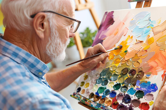 Close-up of an elderly artist with a white beard, deeply focused while painting on a canvas