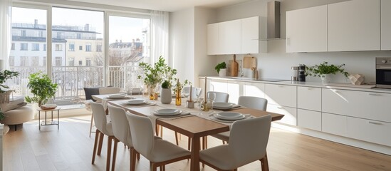 A contemporary white kitchen and dining room featuring a table and chairs neatly arranged near a window. The setting is clean, functional, and stylish.