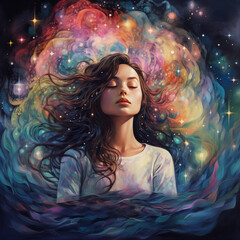 Vibrant stock illustration of a meditating girl with closed eyes and flowing hair against a cosmic backdrop with nebulae. A colorful and serene depiction capturing the essence of meditation.