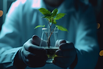 
Scientist nurturing a plant in a beaker. Perfect for concepts on biotechnology, research, and sustainable development. - obrazy, fototapety, plakaty