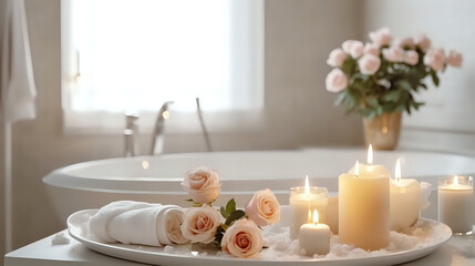 Fototapeta na wymiar Elegant spa setup with roses and candles in a bright bathroom. Ideal for themes on self-care, luxury, and relaxation.