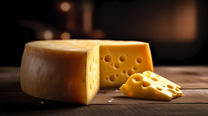 Delicious cheese on the background, yellow cheese on the table