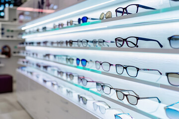 Display of eyeglasses. Variety of glasses on shelves retail store