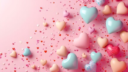Fototapeta na wymiar Valentine's Day background, with copy space. 3D hearts in candy pastel color, on a pink background. Saint Valentine and love background concept, blank space.