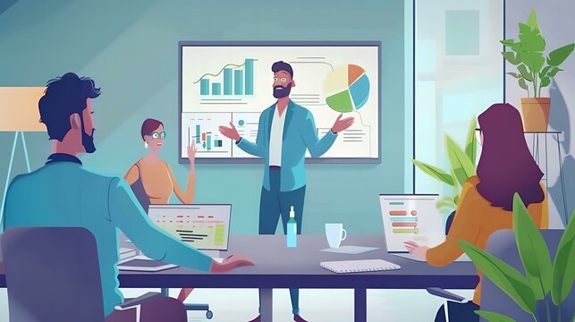 Illustration of a motivated businessman leads business meeting with managers, talks, uses presentation TV with statistics, chart growth, big data, digital entrepreneurs work on e-commerce project