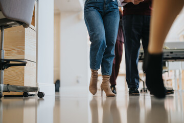 Modern office environment: Colleagues walking together in a bright workspace.