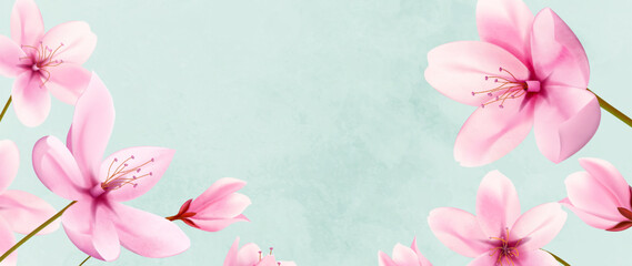 Luxury art background with pink sakura flowers with watercolor texture. Floral spring banner for decoration, print, textile, wallpaper, interior design, poster, packaging