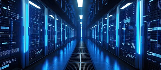A photo showcasing bright blue equipment arranged in neat rows within a dark server room, emphasizing the importance of big data storage.