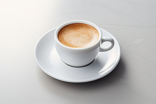 Imagine a minimalist espresso served in a small, pristine white cup, offering the pure, unadulterated taste of freshly brewed coffee.