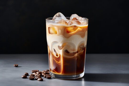 Imagine a minimalist iced coffee, served in a clean, modern glass with just a splash of milk to complement the rich, bold flavor of the coffee.