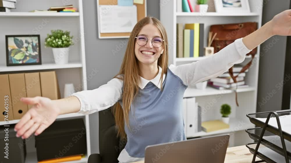 Wall mural Joyful young blonde business woman, cheerful arm wide open for a warm workplace hug! captured in office portrait, her happiness and embracing smile lighting up the camera.