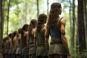 A group of activists forming a human chain around an ancient forest, protesting deforestation and advocating for the preservation of natural habitats.