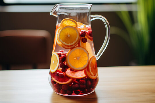 Picture a minimalist sangria, featuring just a few slices of ripe fruit and a splash of red wine served in a clean, modern pitcher, offering a refreshing.