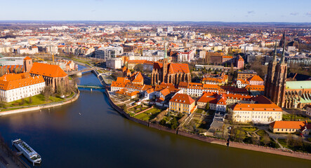 Picturesque view from drone of city of Wroclaw with Ostrow Tumski island and Cathedral of St. John...