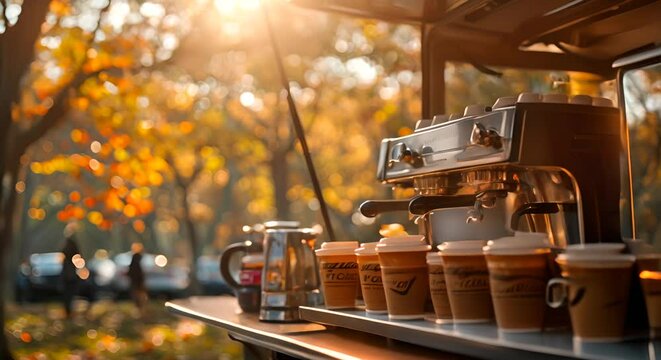 Close-up of a mobile coffee cart serving espresso drinks in the park