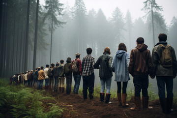 A group of activists forming a human chain around an ancient forest, protesting deforestation and advocating for the preservation of natural habitats.