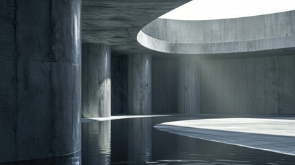 Modern concrete architecture with water feature, reflecting light and shadows.