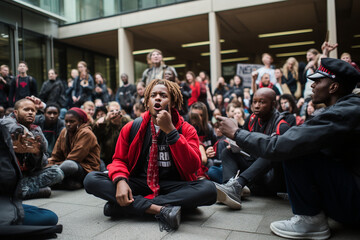 Activists conducting a sit-in demonstration outside a government building, peacefully demanding policy changes and reforms to address systemic inequalities and injustices.