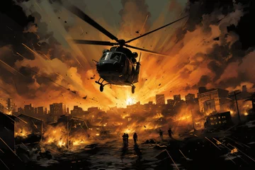 Foto op Aluminium A helicopter hovering over a bustling cityscape, its spotlight illuminating a rooftop shootout between rival gangs as explosions rock the skyline below. © Solid