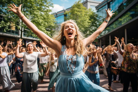 A flash mob performance in a busy public square, with dancers and musicians coming together to raise awareness about climate change and environmental degradation.