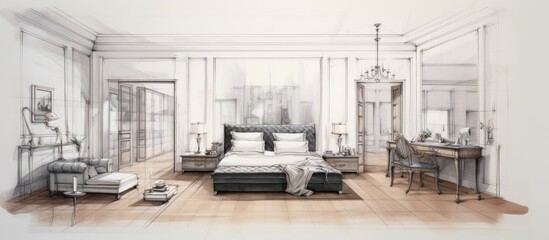 This is a detailed hand-drawn draft of a classic bedroom interior design concept. The illustration showcases a spacious room with a large parquet bed, accompanied by bedside tables, a chair, a pouf,