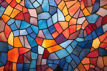 Visualize a vivid mosaic of geometric tiles arranged in a mesmerizing pattern of repeating shapes and colors, evoking a sense of joy and vitality in this vibrant abstraction.