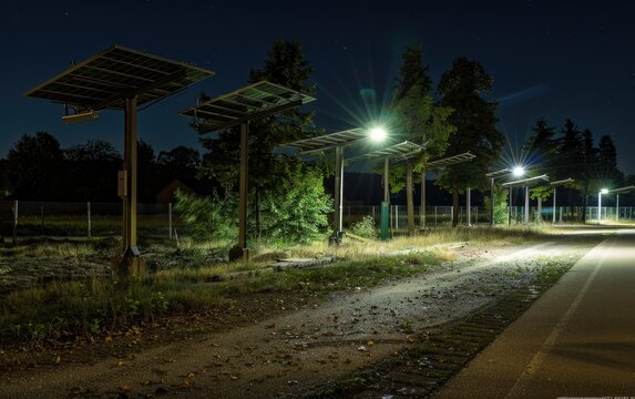 Nighttime scene of a deserted path with solar panel stations and ambient street lighting.